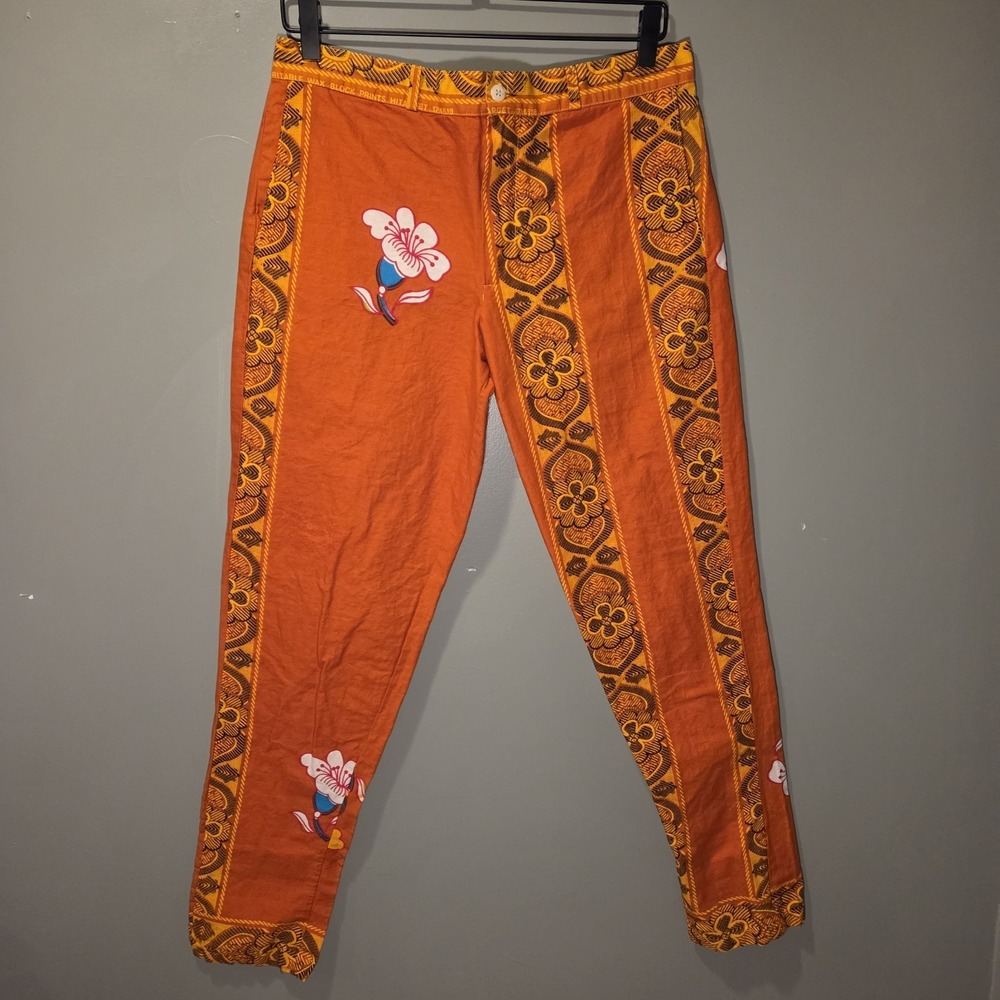 Handmade Retro Floral Print Cotton Pants Tapered Leg Homemade, Orange Multi